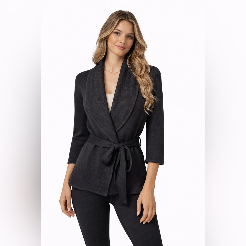 BCBGmaxazria Black Merino Wool Knit Wrap Cardigan Sweater, Size OS